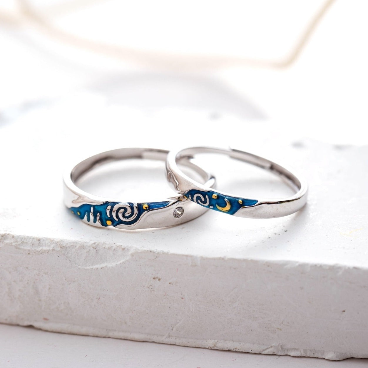 Glow in the Dark Galaxy Silver Couple Rings