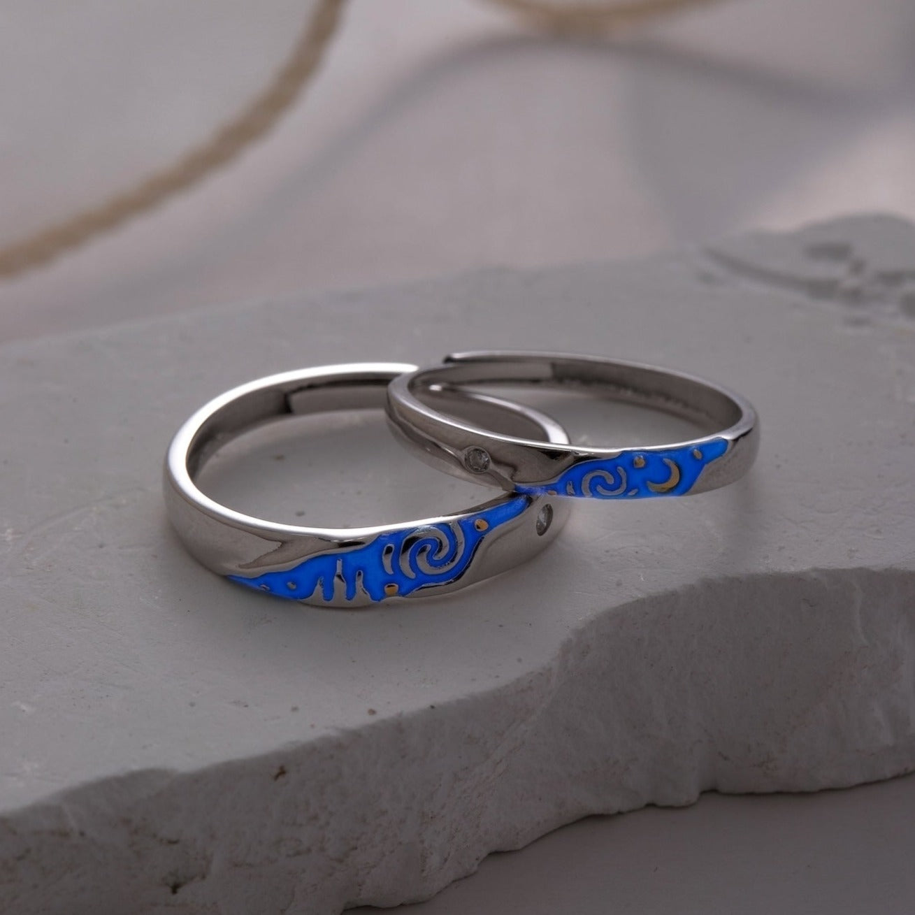 Glow in the Dark Galaxy Silver Couple Rings
