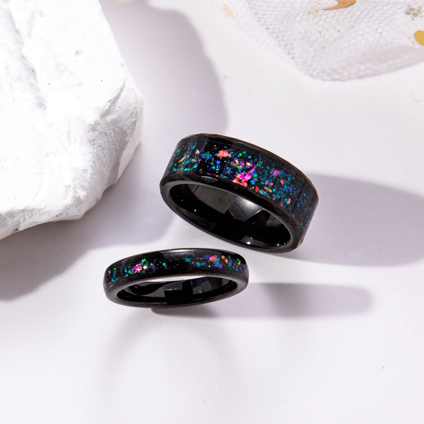 The Spectra - Black Sand Stone & Crushed Opal Couple Ring Set