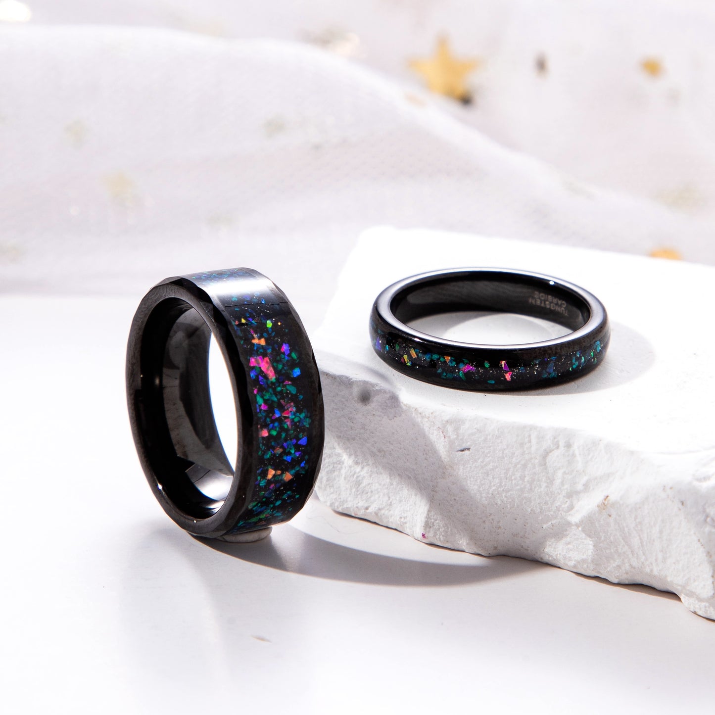 The Spectra - Black Sand Stone & Crushed Opal Couple Ring Set