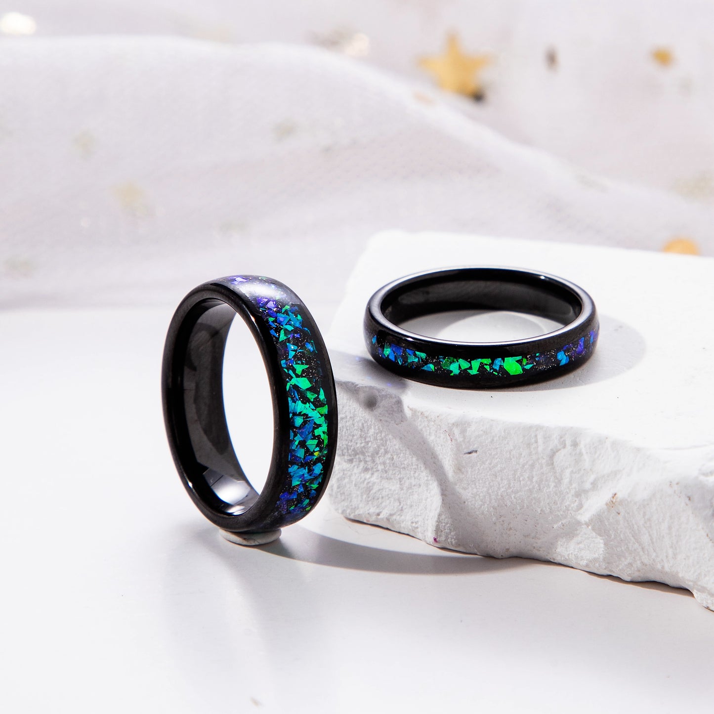 The Cosmira - Black Sandstone & Crushed Opal Meteorite Couple Ring Set