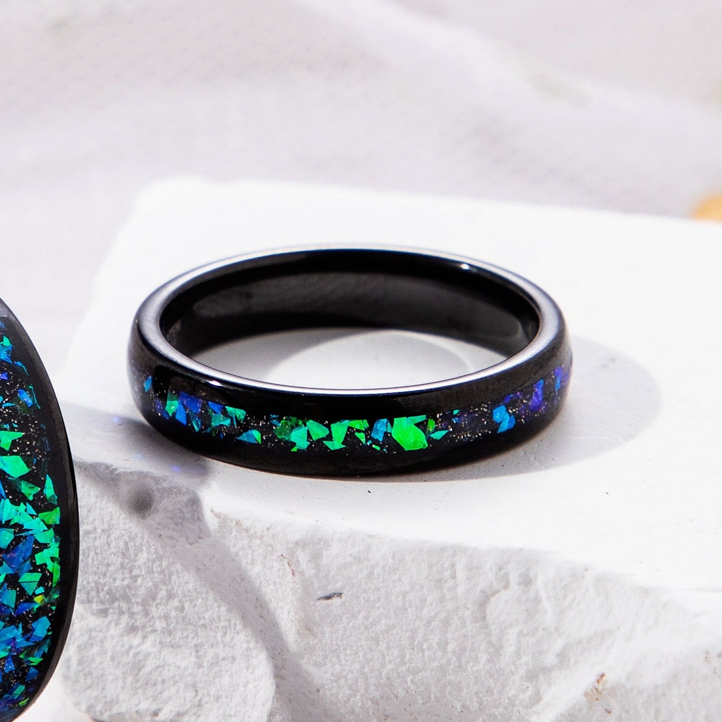 The Cosmira - Black Sandstone & Crushed Opal Meteorite Tungsten Ring for Women