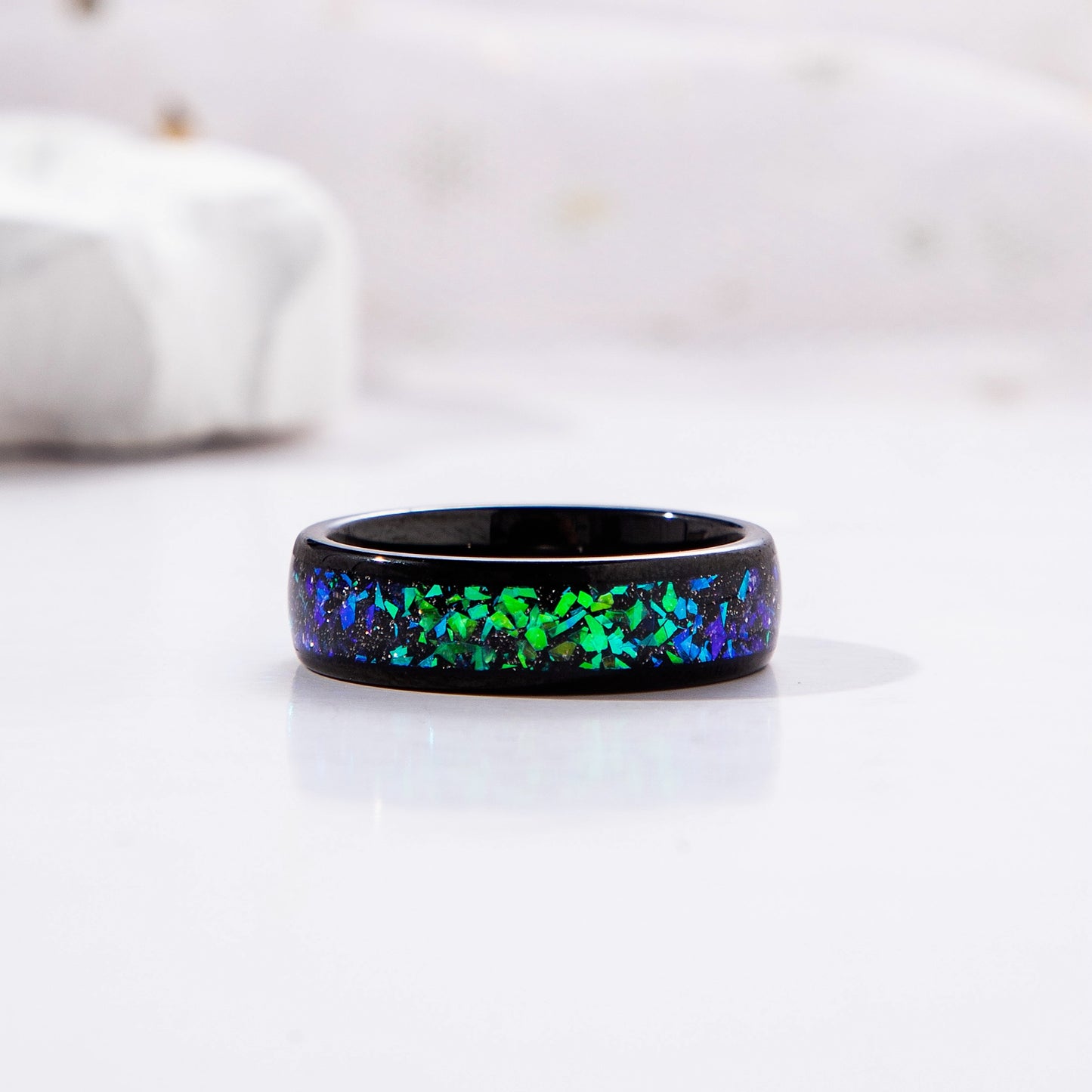 The Cosmira - Black Sandstone & Crushed Opal Meteorite Couple Ring Set