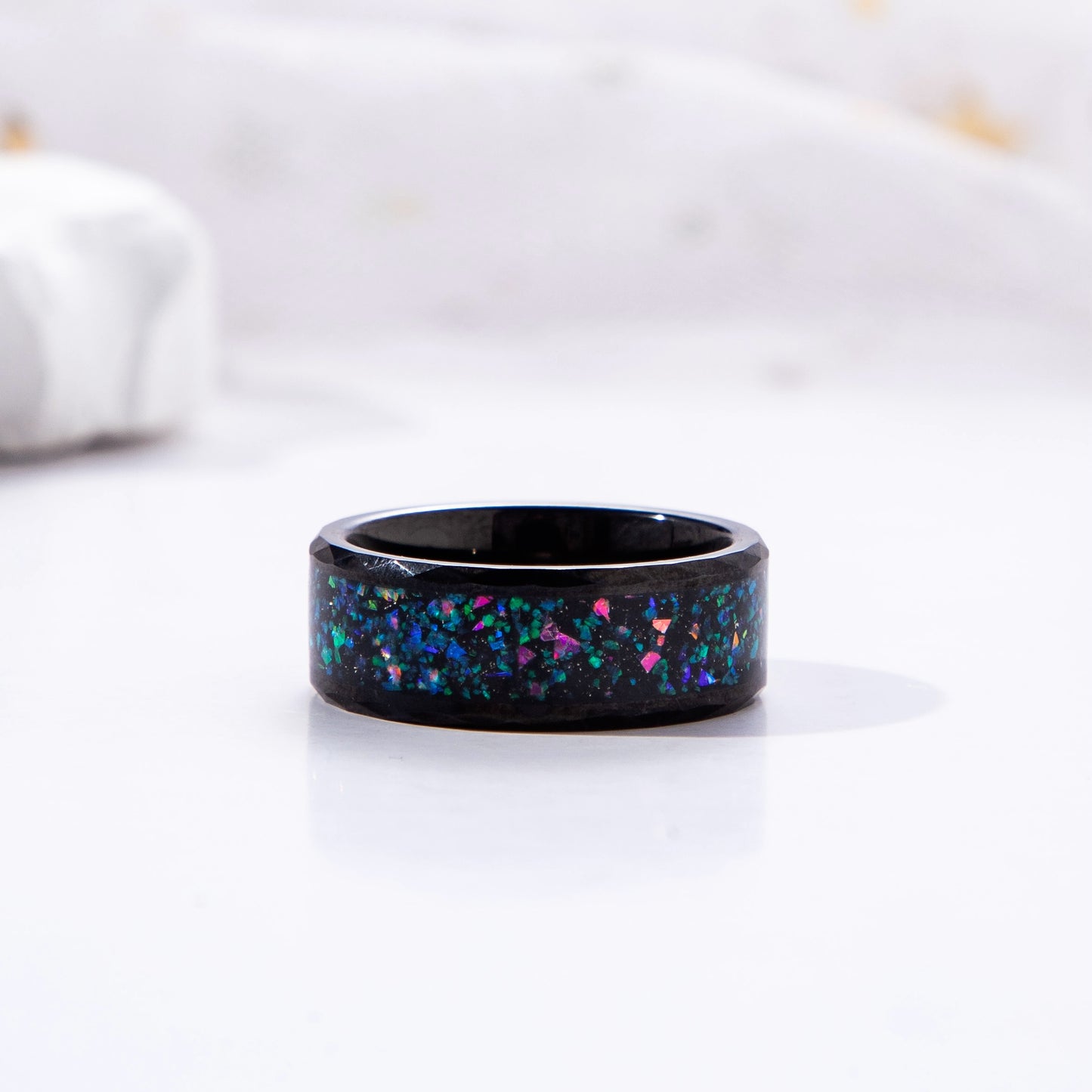 The Spectra - Black Sand Stone & Crushed Opal Couple Ring Set