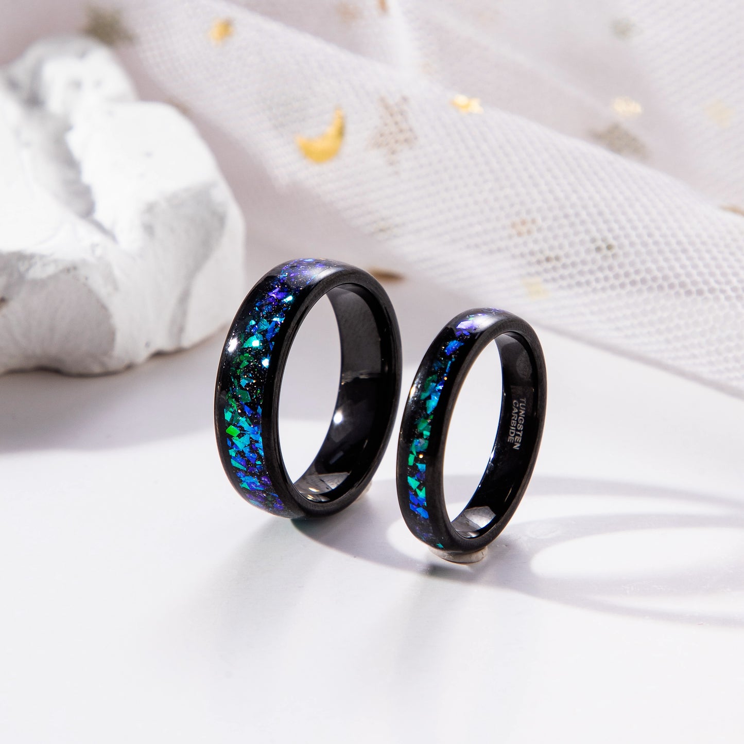 The Cosmira - Black Sandstone & Crushed Opal Meteorite Couple Ring Set