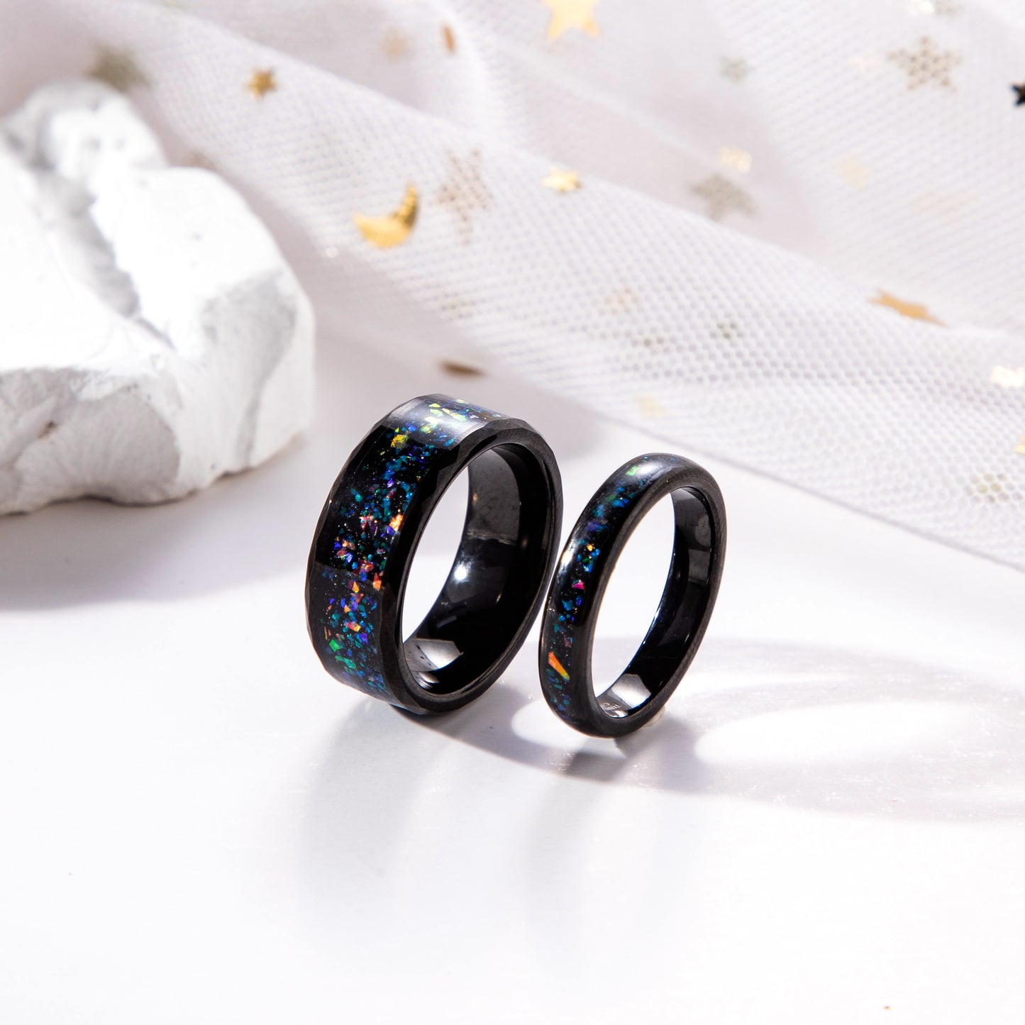 The Spectra - Black Sand Stone & Crushed Opal Couple Ring Set