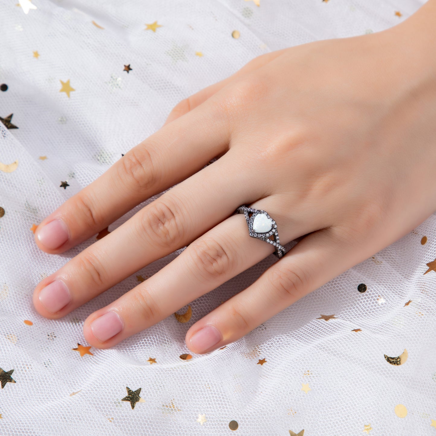 The Nyxara - Black Meteorite Sandstone & White Opal Couple Ring Set