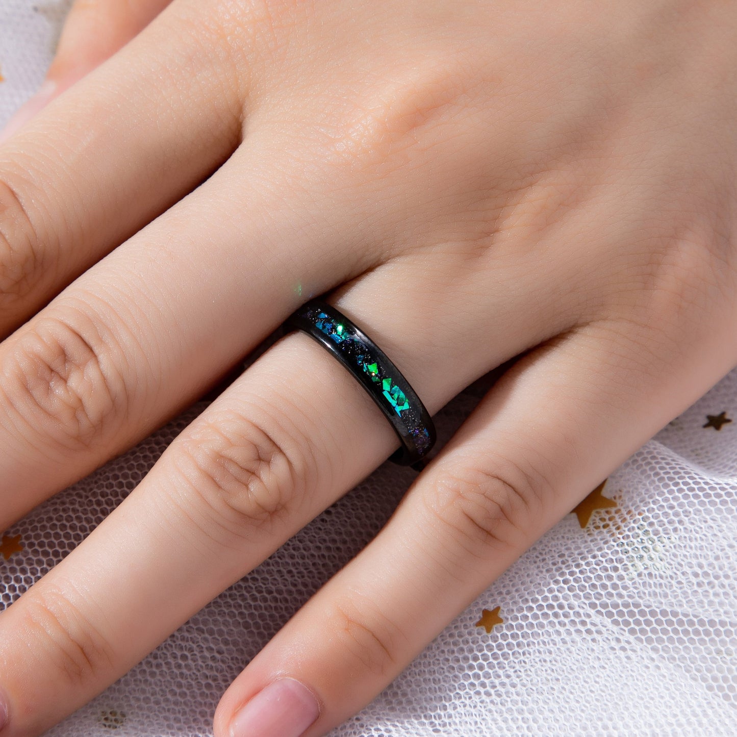 The Cosmira - Black Sandstone & Crushed Opal Meteorite Tungsten Ring for Women