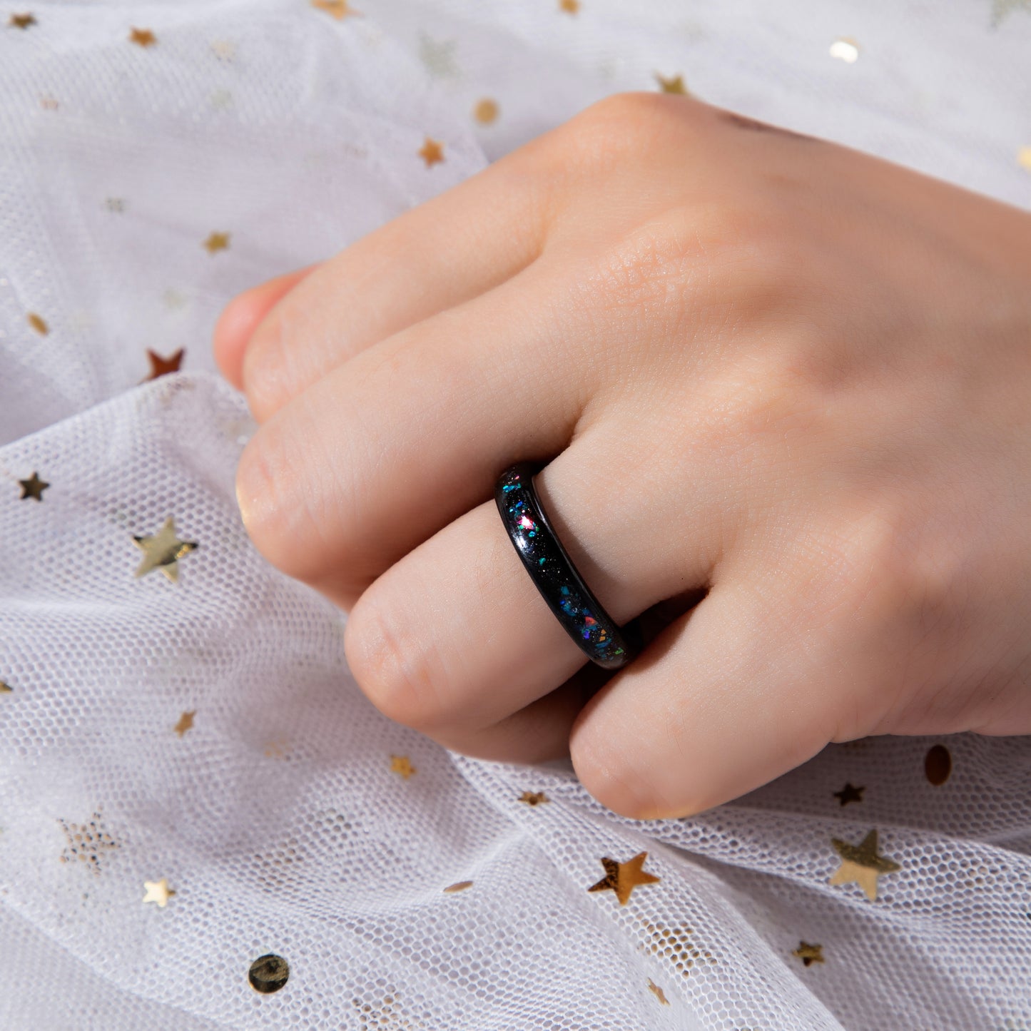 The Spectra - Black Sand Stone & Crushed Opal Couple Ring Set