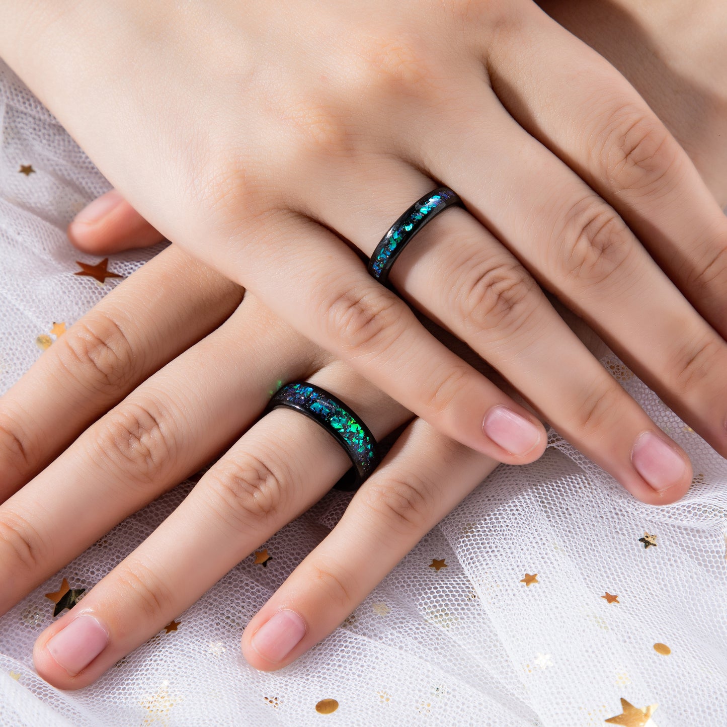The Cosmira - Black Sandstone & Crushed Opal Meteorite Couple Ring Set