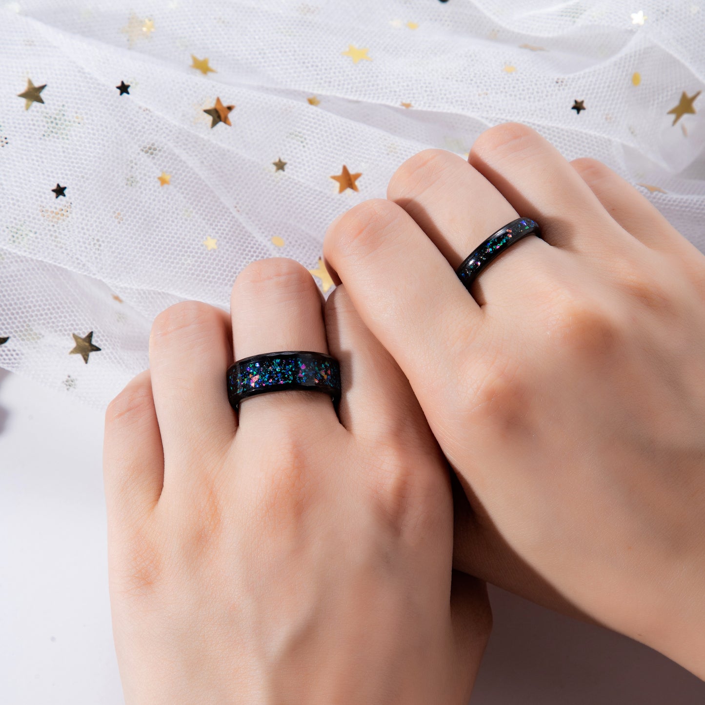 The Spectra - Black Sand Stone & Crushed Opal Couple Ring Set