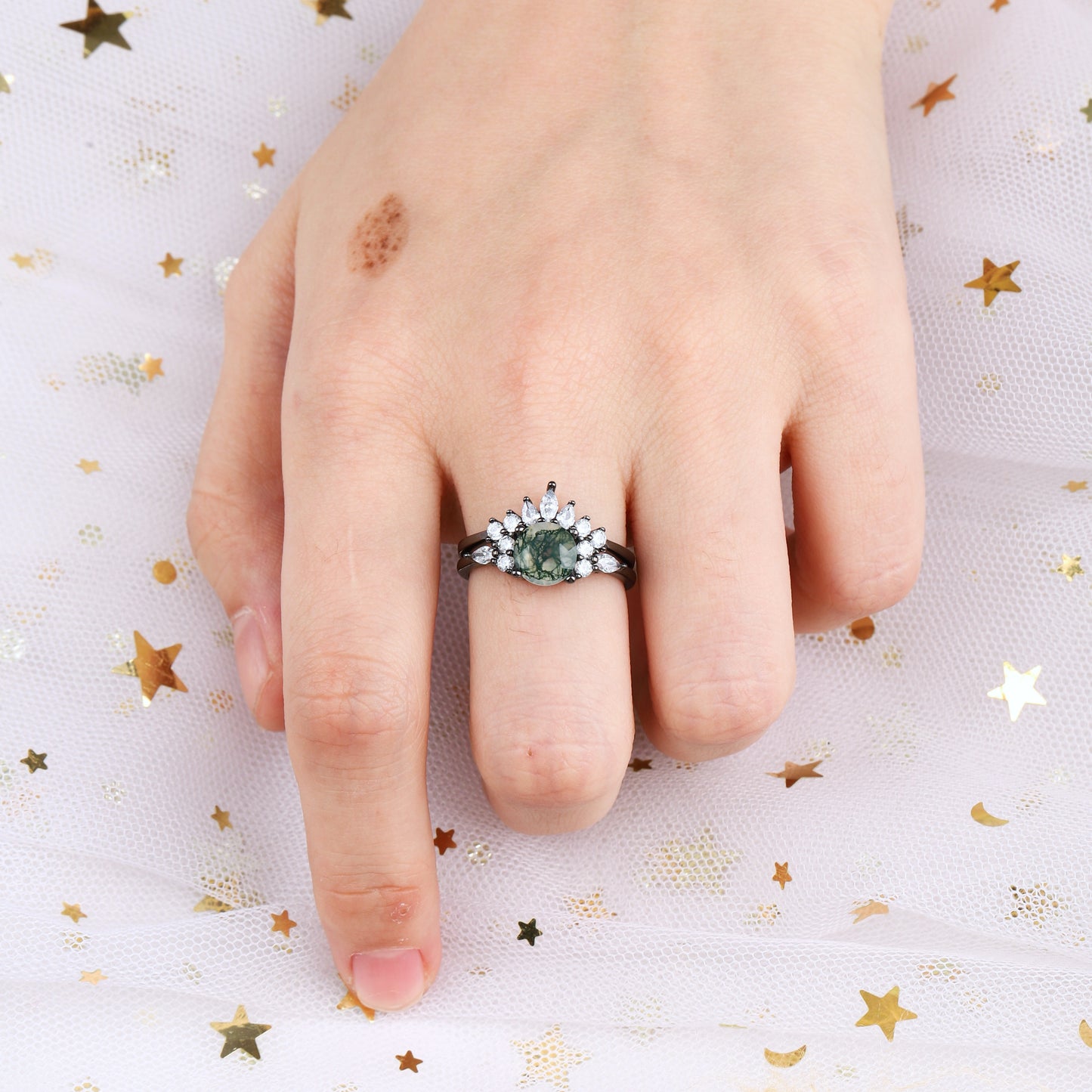 The Green Veil - Natural Moss Agate Couple Ring Set