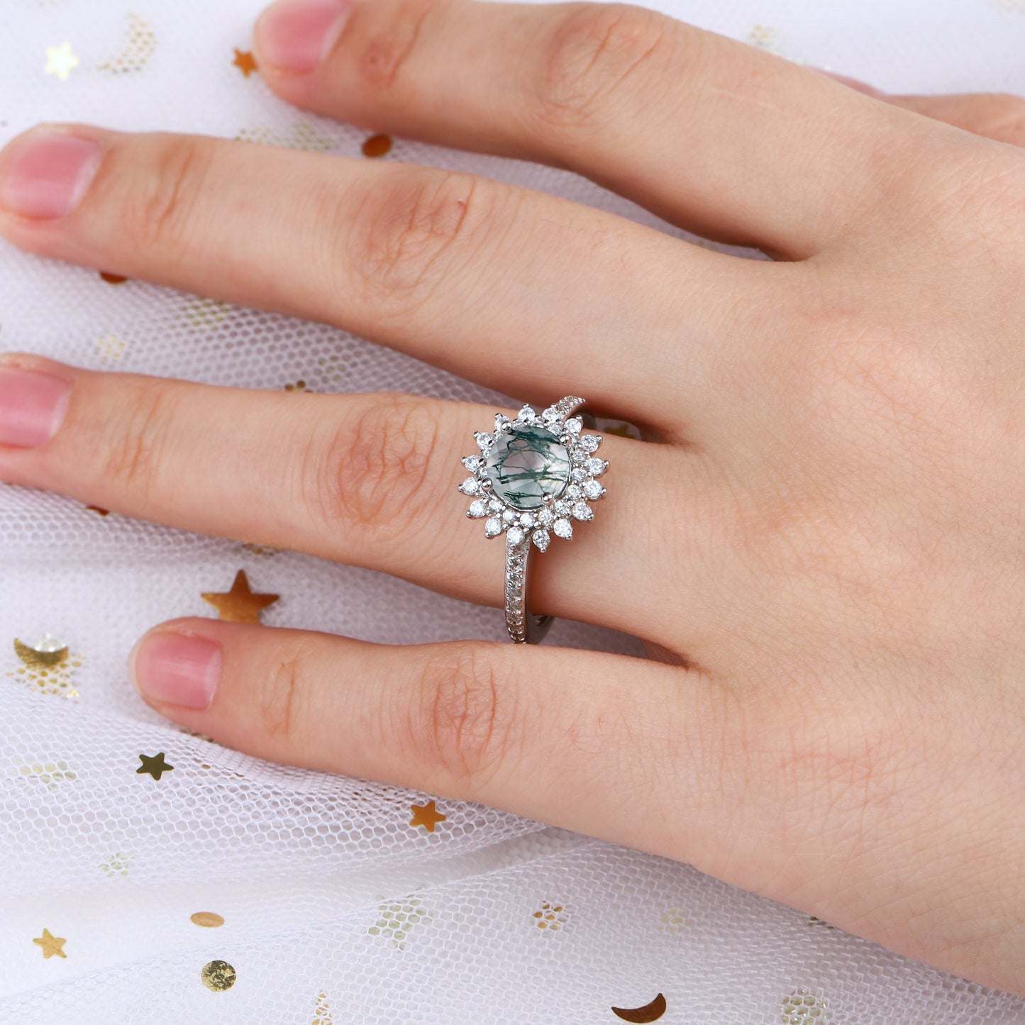 The Grelior - Natural Green Moss Agate 925 Silver Promise Ring for Women