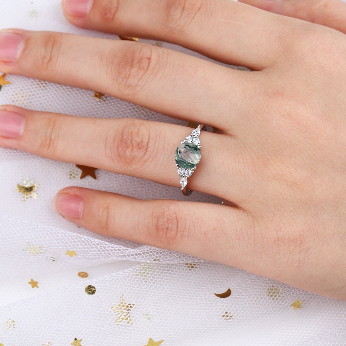 The Forestine - Round Cut Green Moss Agate Promise Ring for Women