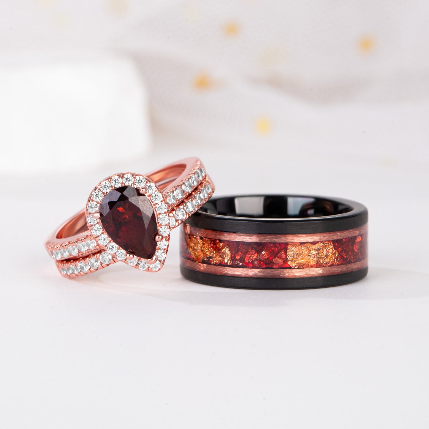 The Garnith - Natural Garnet Couple Rings with Rose Gold Plated