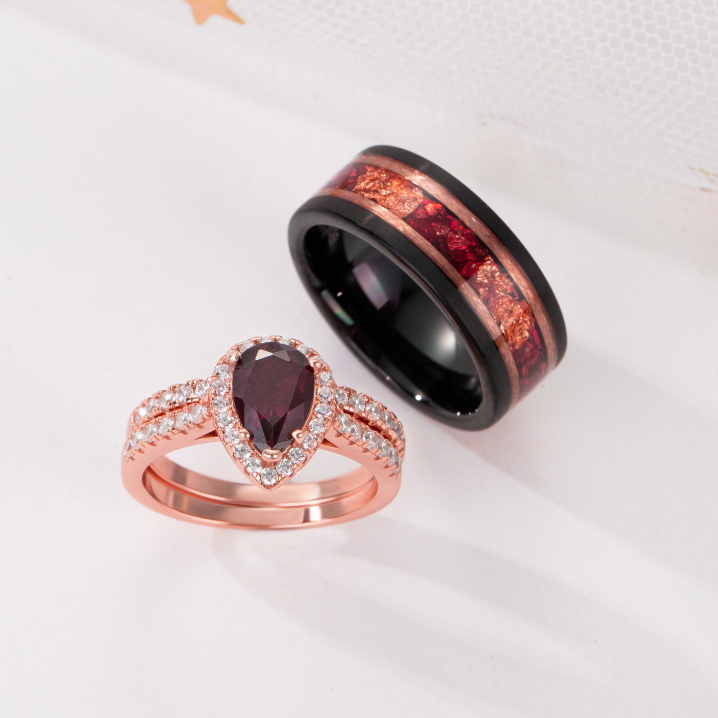 The Garnith - Natural Garnet Couple Rings with Rose Gold Plated