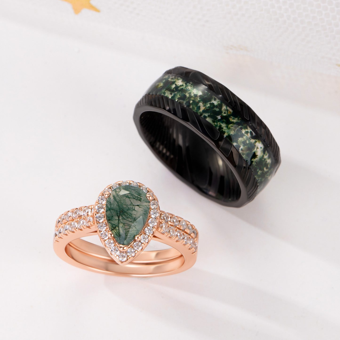 The Evermoss - Natural Moss Agate Couple Rings Rosegold Vermeil
