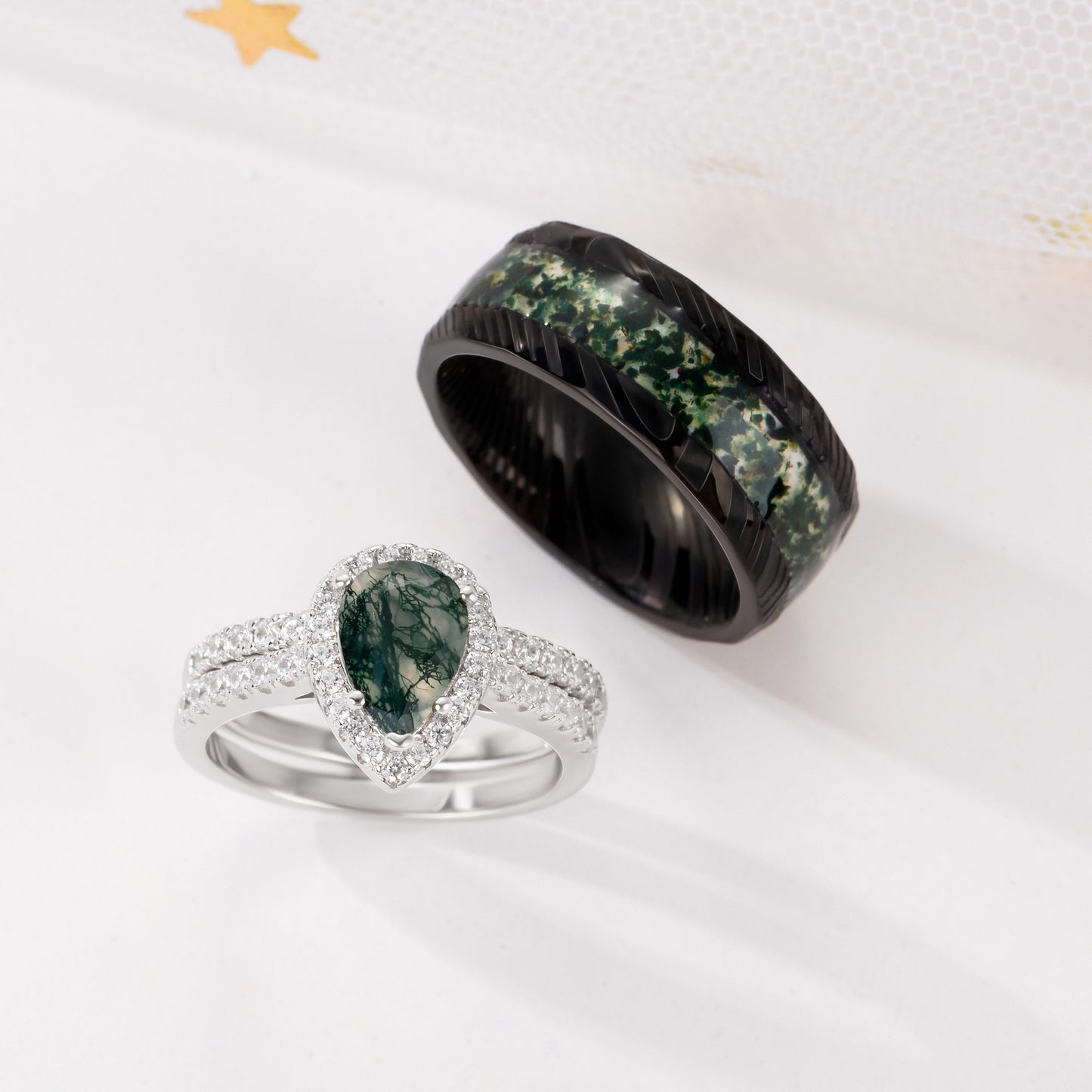 The Evermoss - Natural Moss Agate Couple Rings