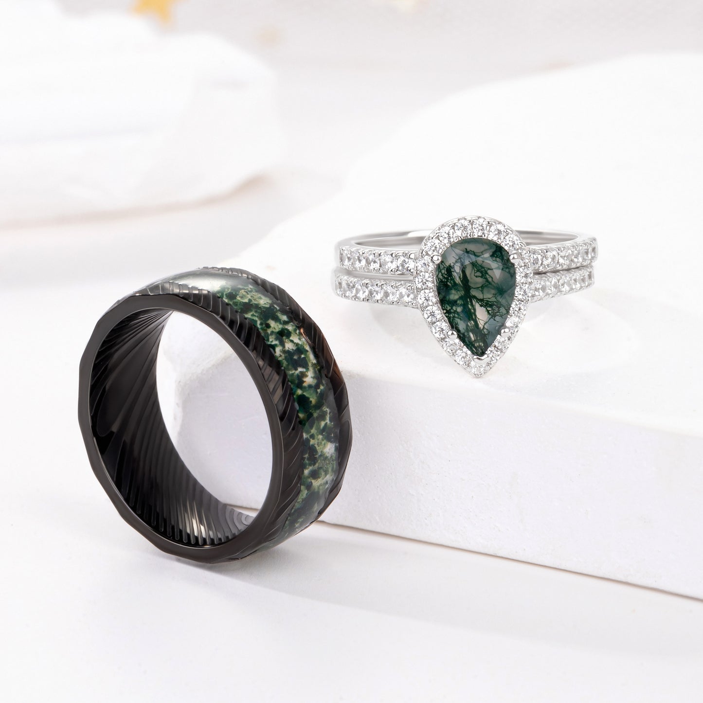 The Evermoss - Natural Moss Agate Couple Rings