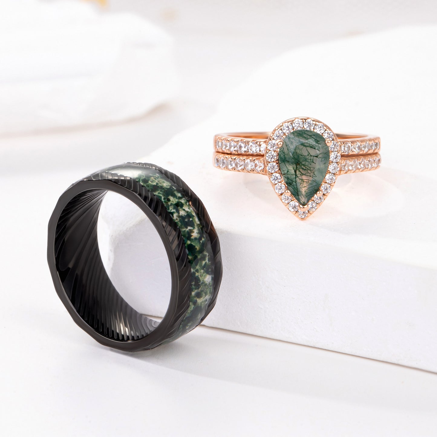 The Evermoss - Natural Moss Agate Couple Rings Rosegold Vermeil