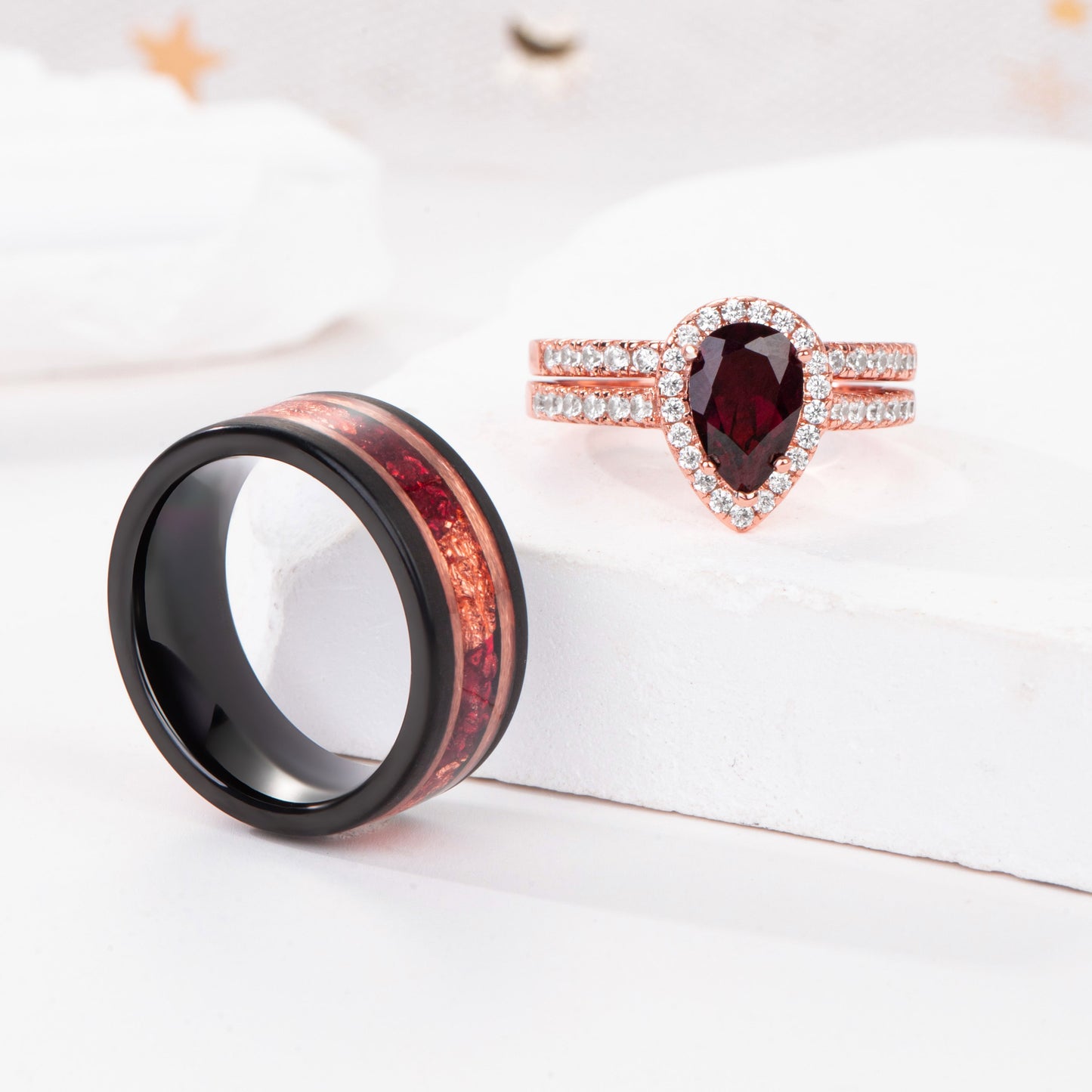 The Garnith - Natural Garnet Couple Rings with Rose Gold Plated