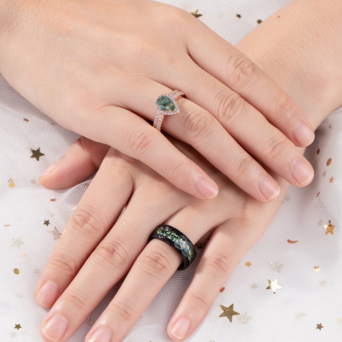 The Evermoss - Natural Moss Agate Couple Rings Rosegold Vermeil