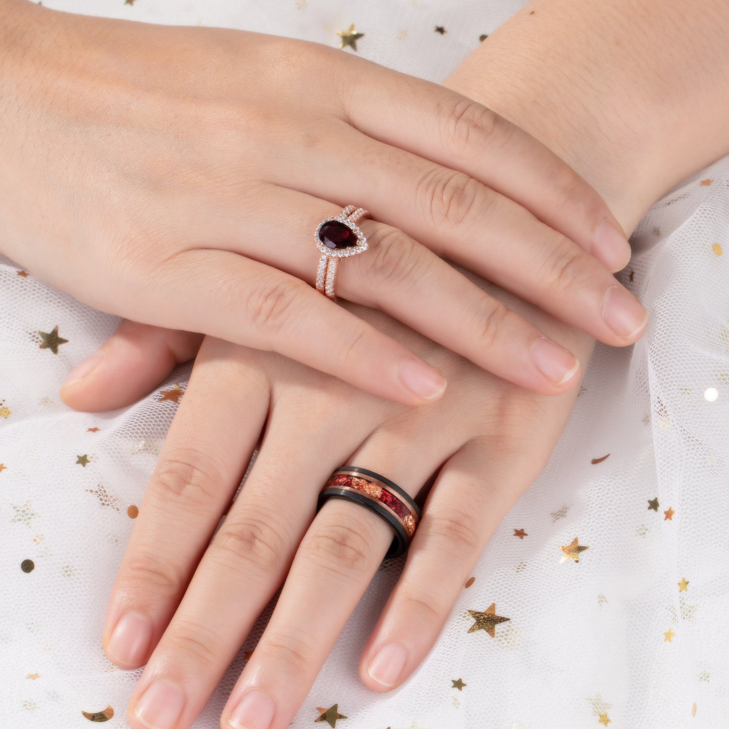 The Garnith - Natural Garnet Couple Rings with Rose Gold Plated