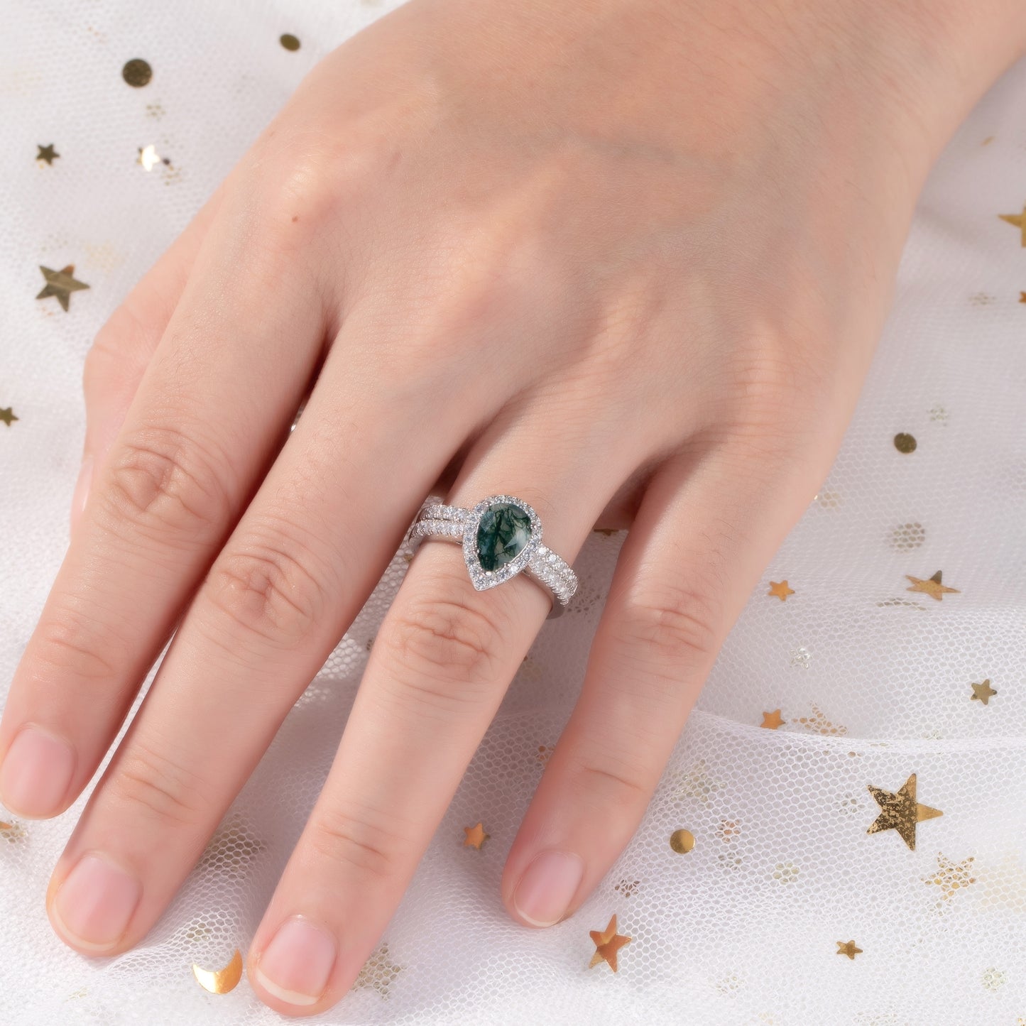 The Evermoss - Natural Moss Agate Couple Rings