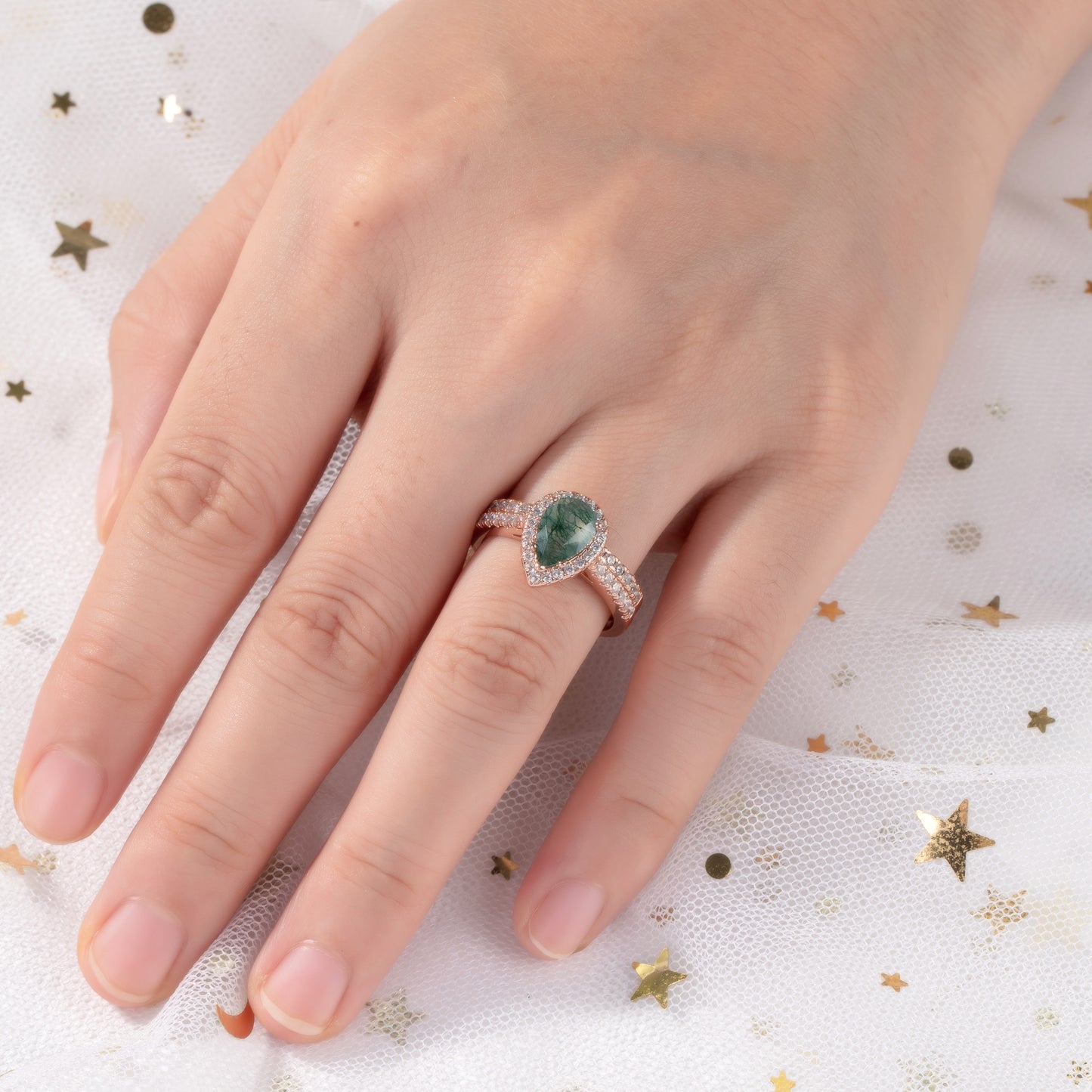The Evermoss - Natural Moss Agate Couple Rings Rosegold Vermeil