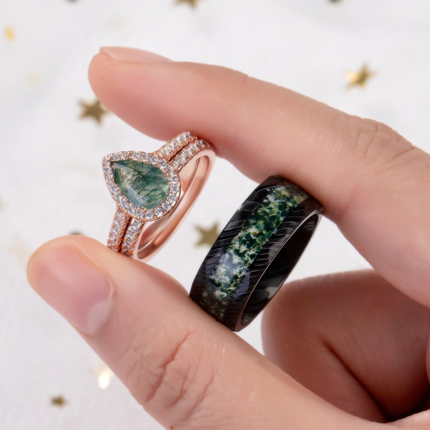The Evermoss - Natural Moss Agate Couple Rings Rosegold Vermeil