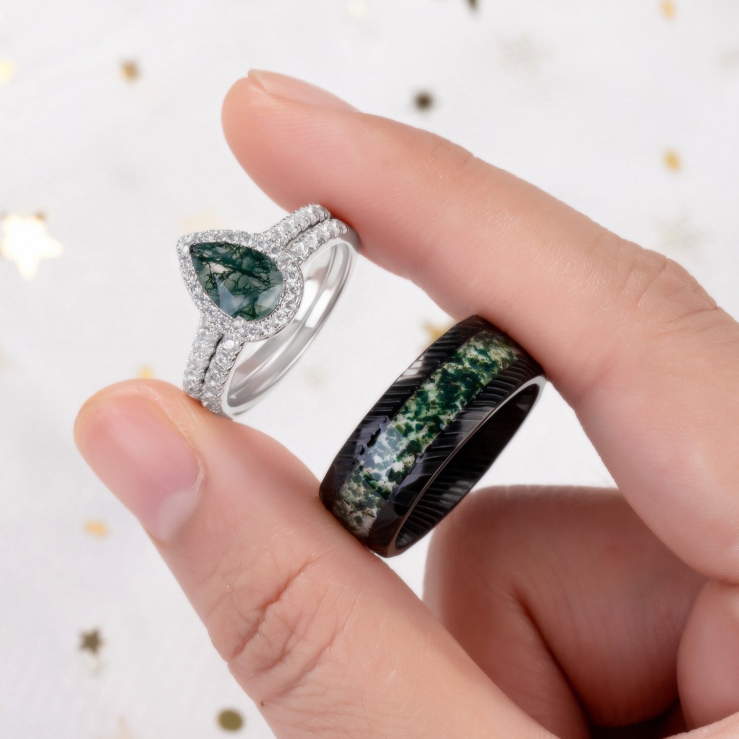 The Evermoss - Natural Moss Agate Couple Rings