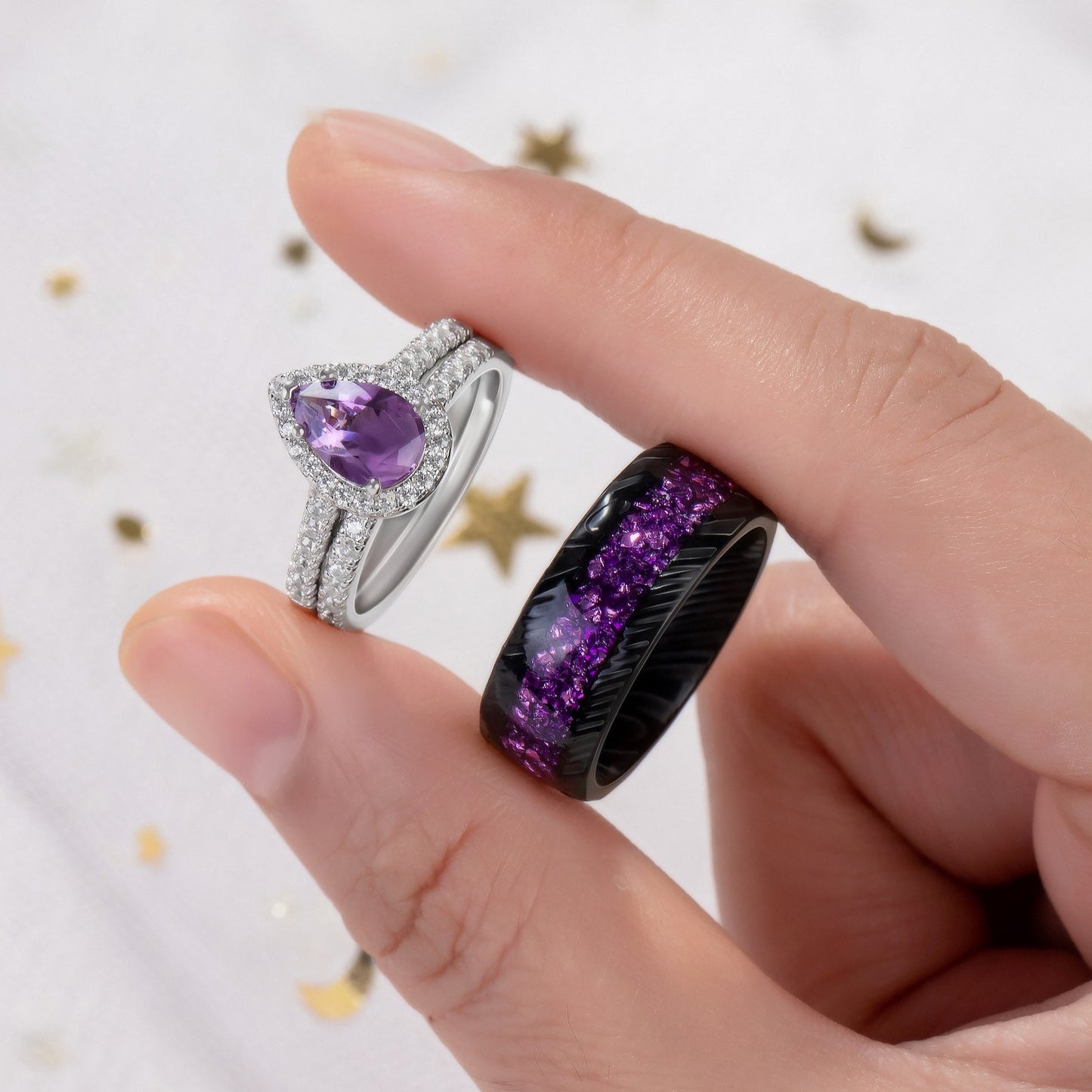 The Viara - Natural Amethyst Couple Ring Set