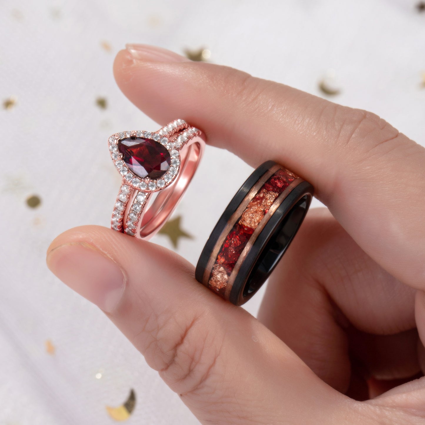 The Garnith - Natural Garnet Couple Rings with Rose Gold Plated