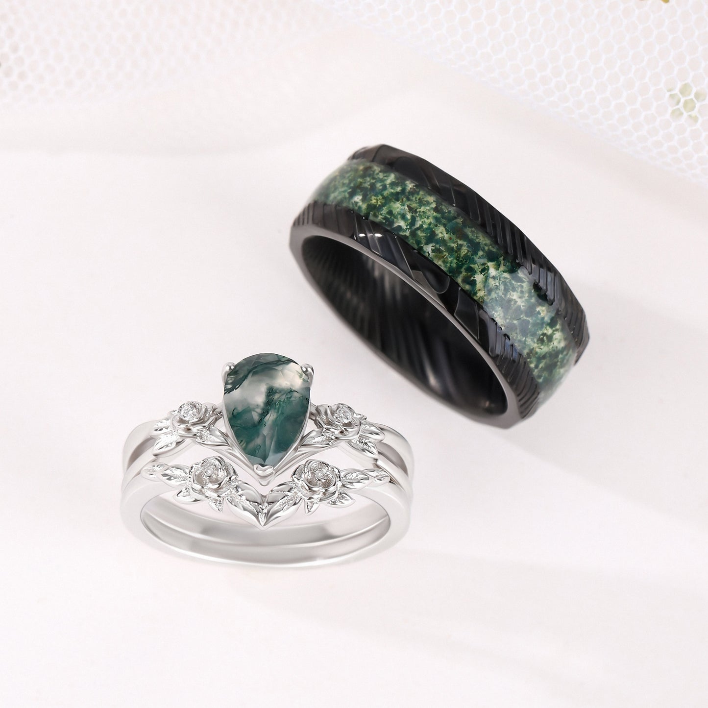 The Folira - Moss Agate Couple Ring Set