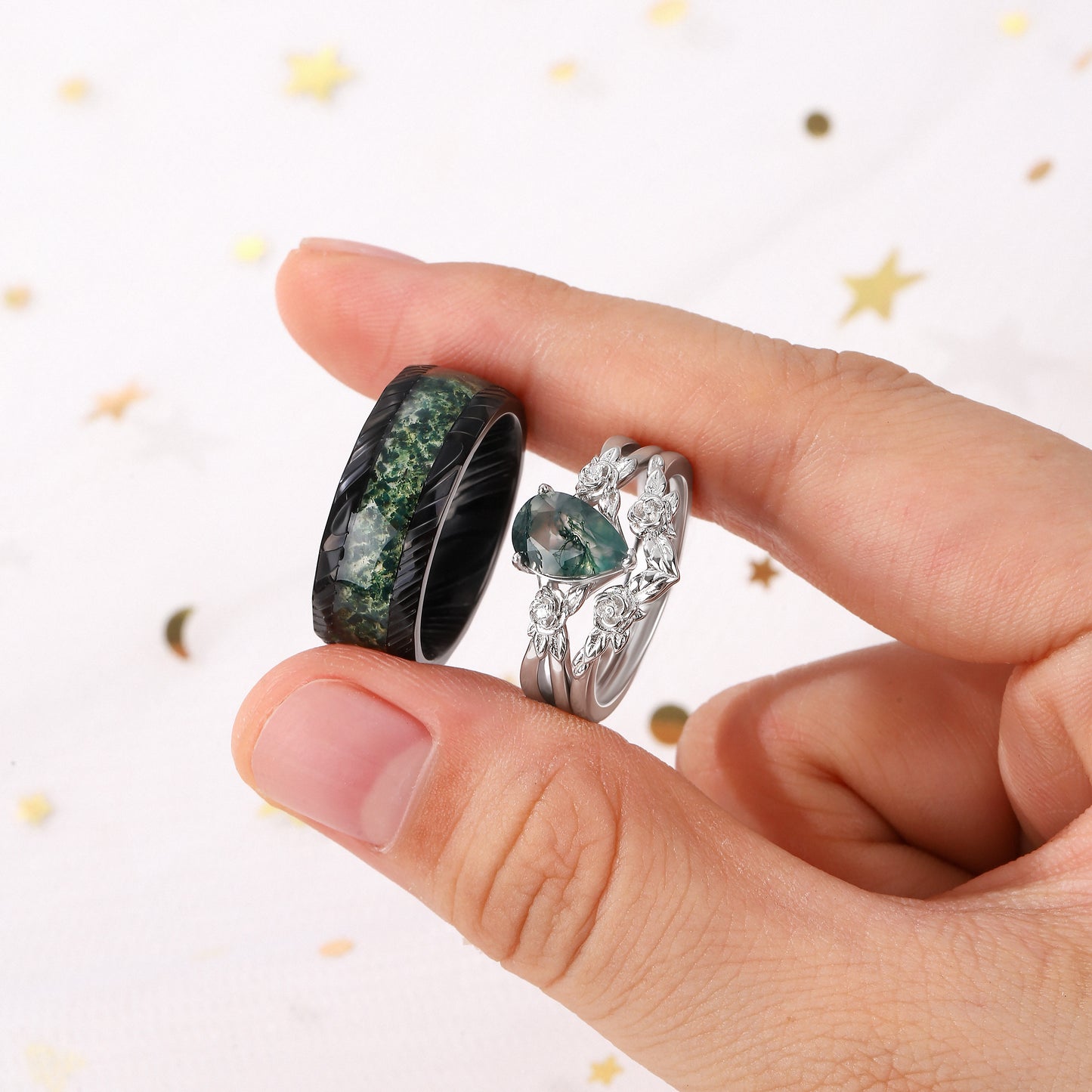 The Folira - Moss Agate Couple Ring Set