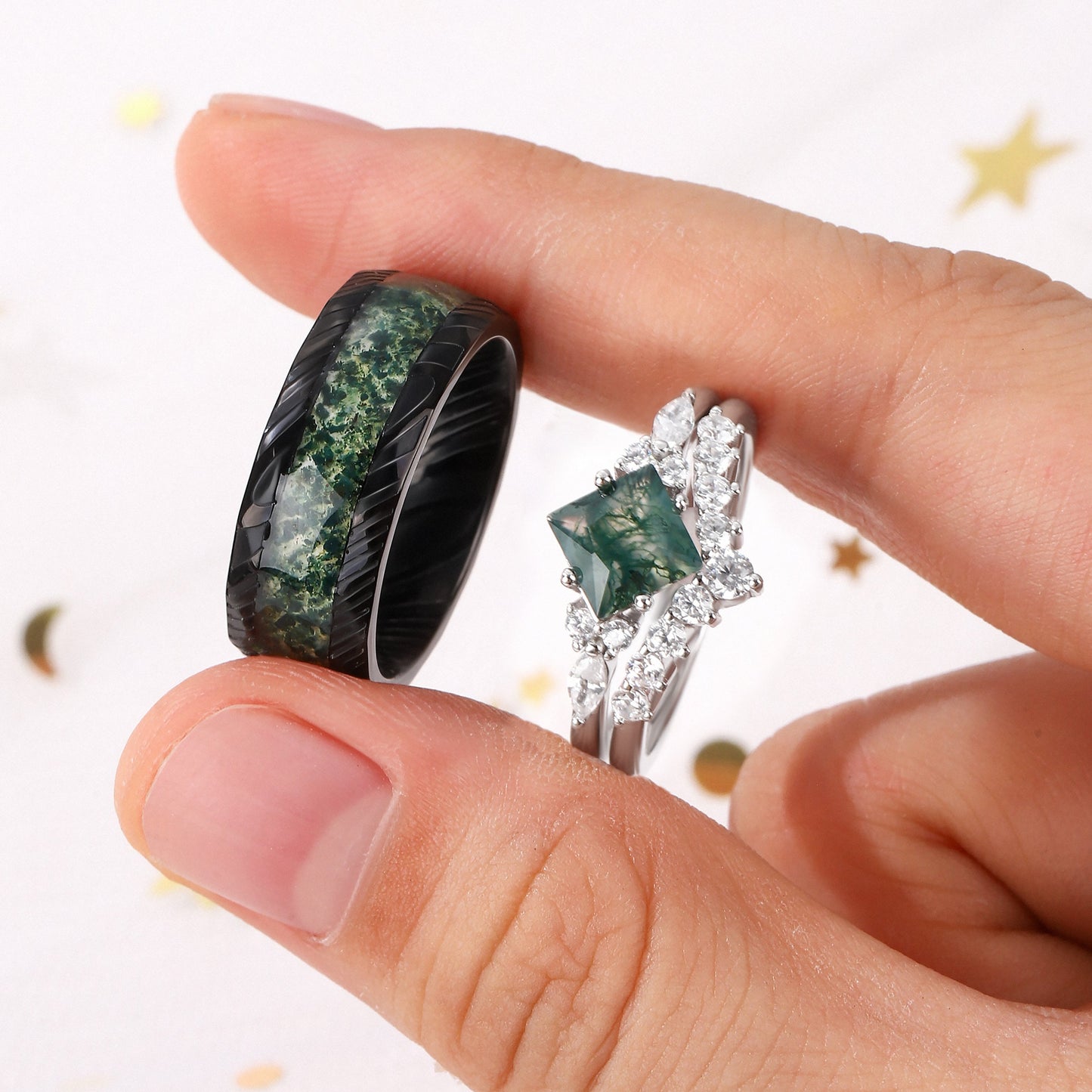 The Mossure - Natural Moss Agate Couple Ring Set