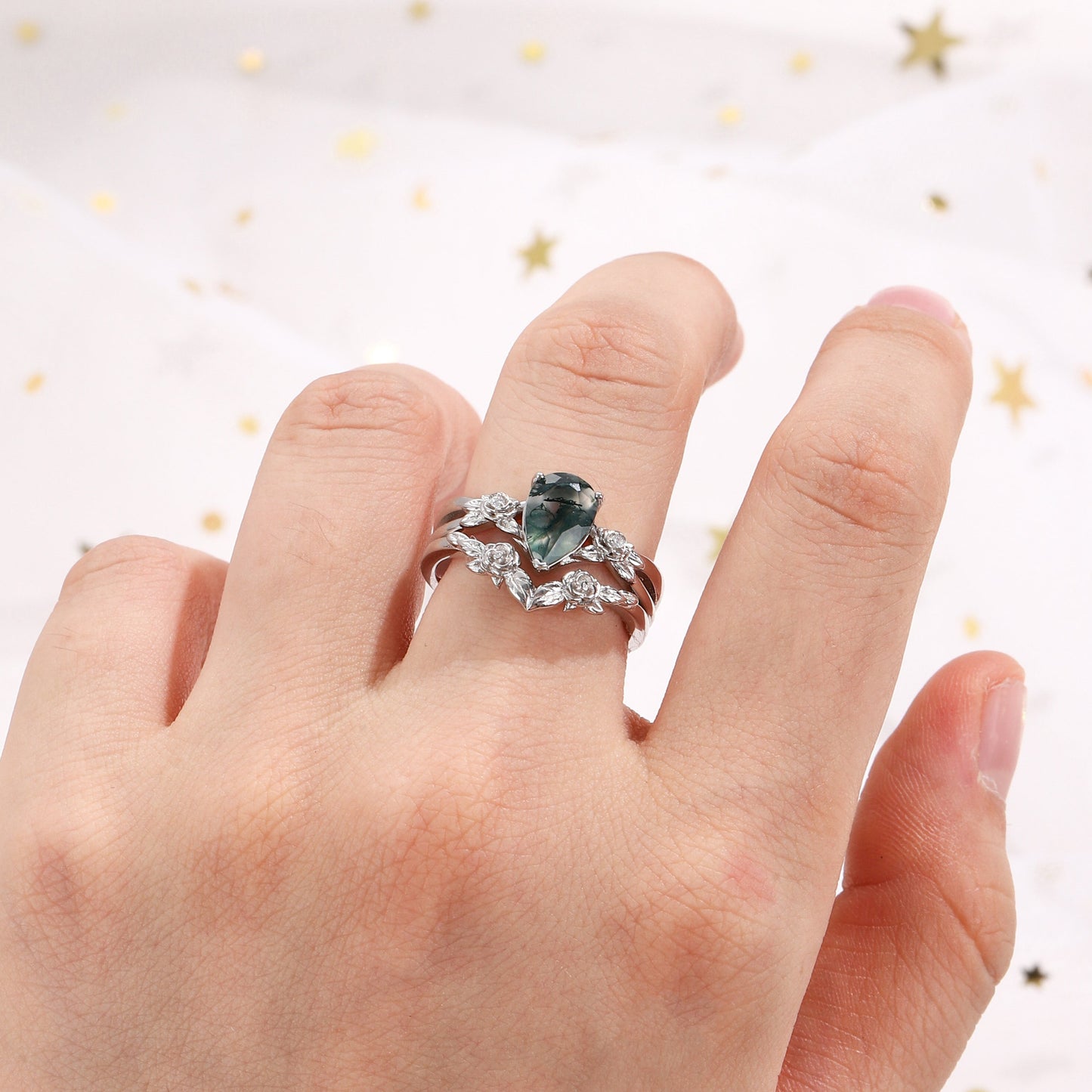 The Folira - Moss Agate Couple Ring Set