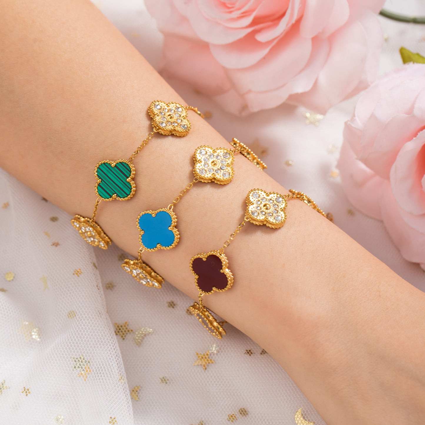 Good Luck Four-Leaves Clover Bracelet with Simulated Diamonds