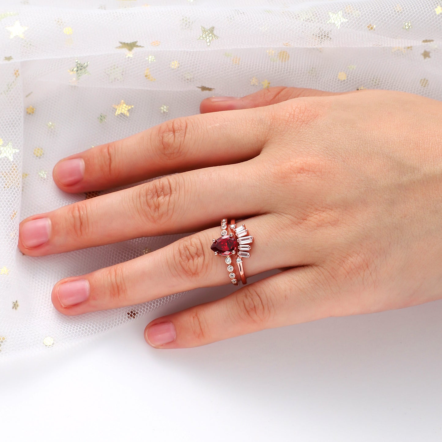 The Aurelia - Red Garnet Rose Gold Leaf Couple Ring Set