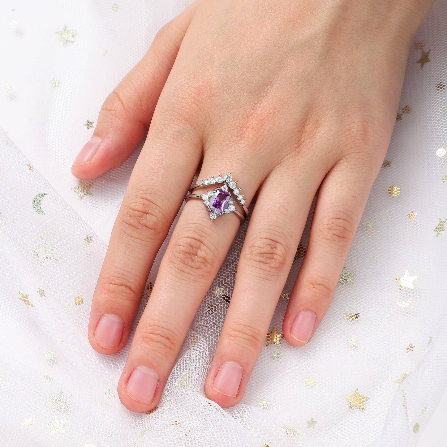 The Amara - Emerald Cut & Crushed Amethyst Couple Ring Set