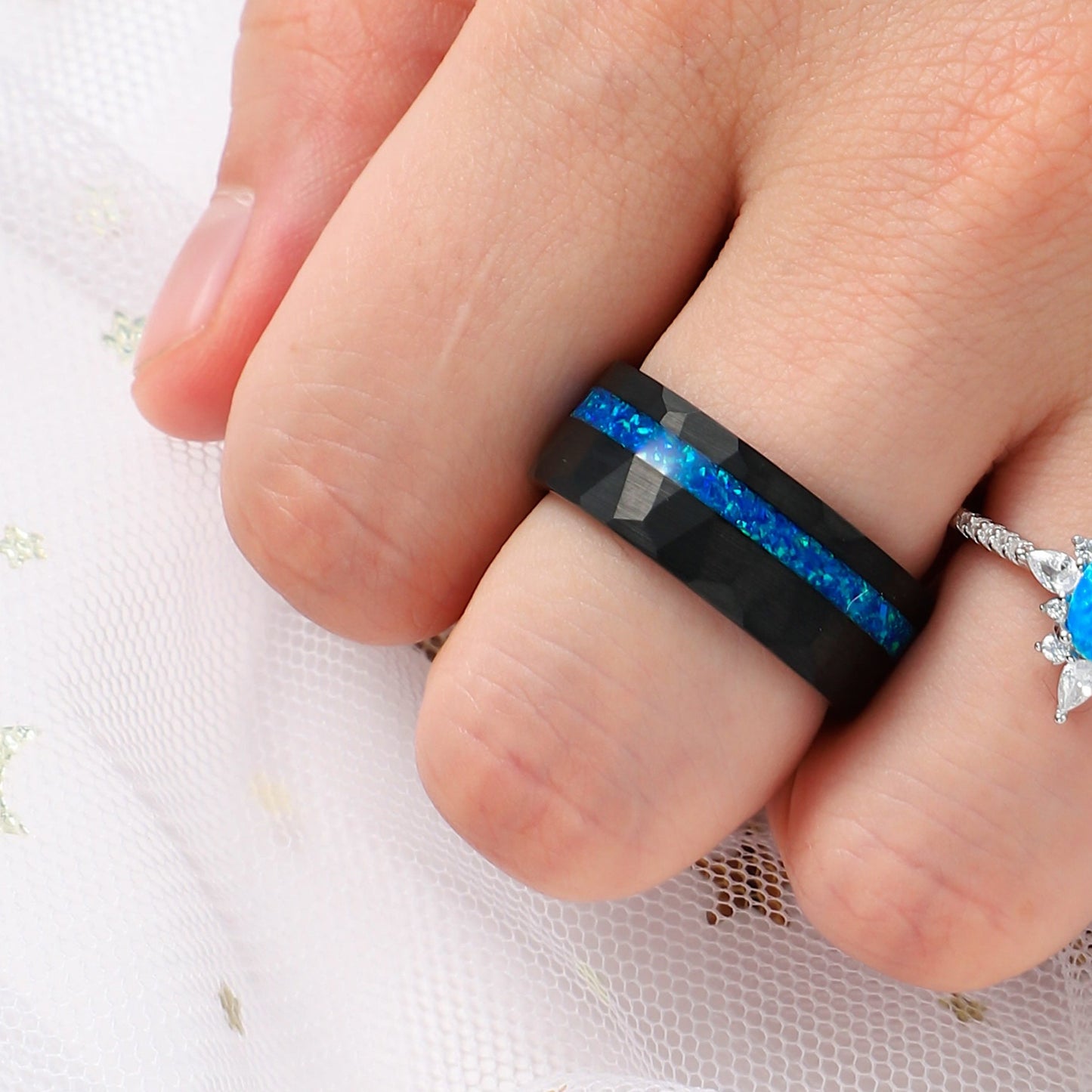 Blue Fire Opal Meteorite Tungsten Ring for Men