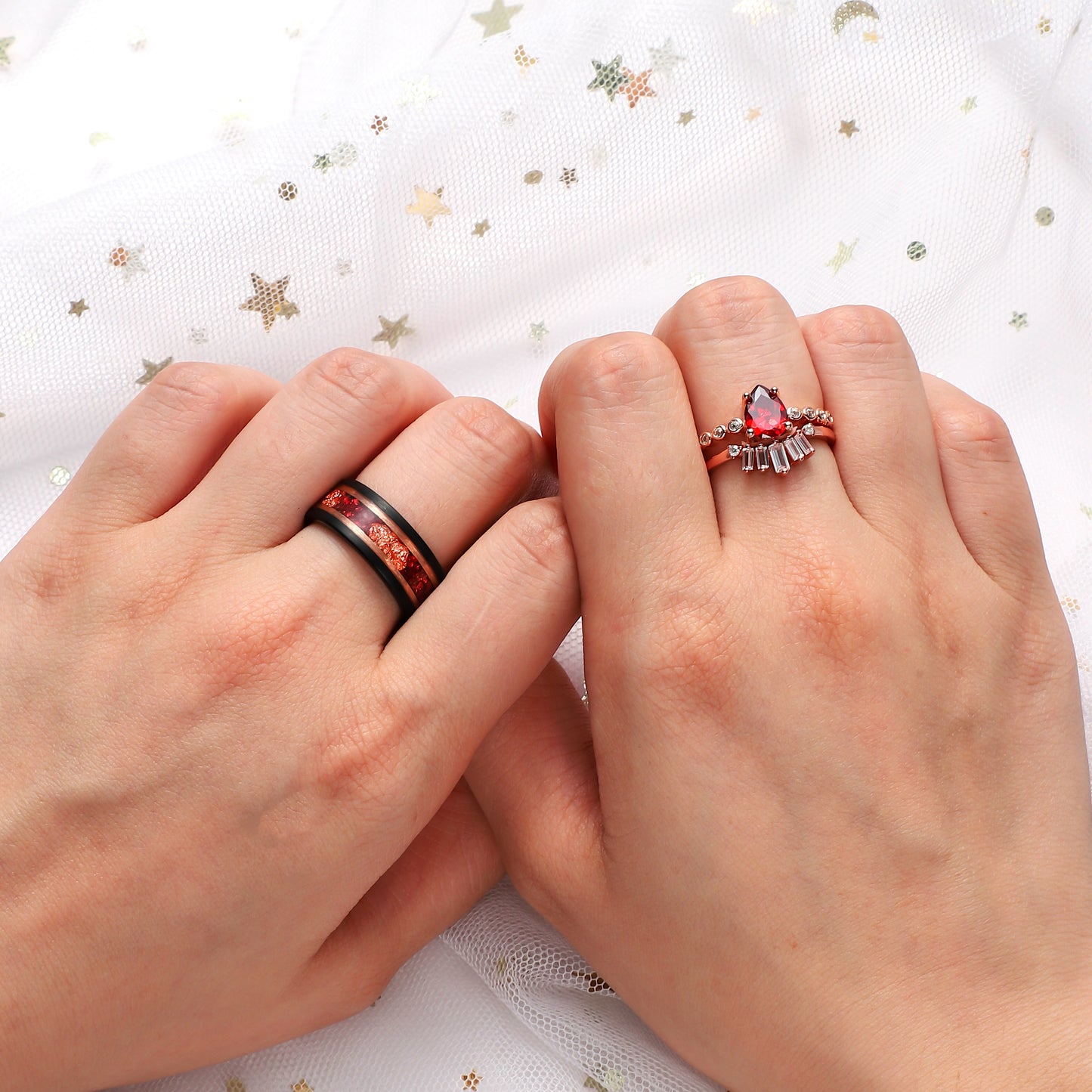 The Aurelia - Red Garnet Rose Gold Leaf Couple Ring Set