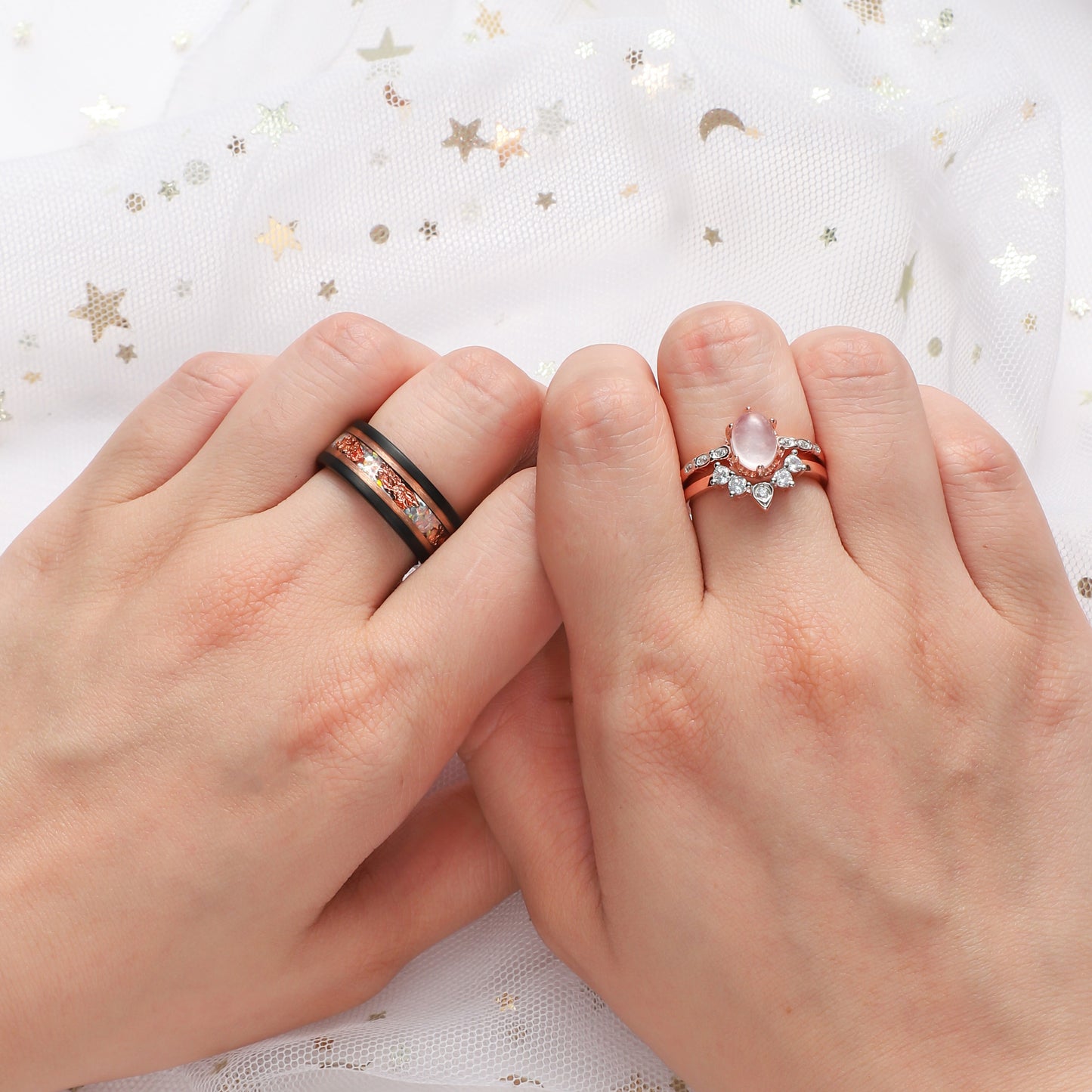 The Lunara - Natural Moonstone & Fire Opal Rose Gold Leaf Couple Ring Set