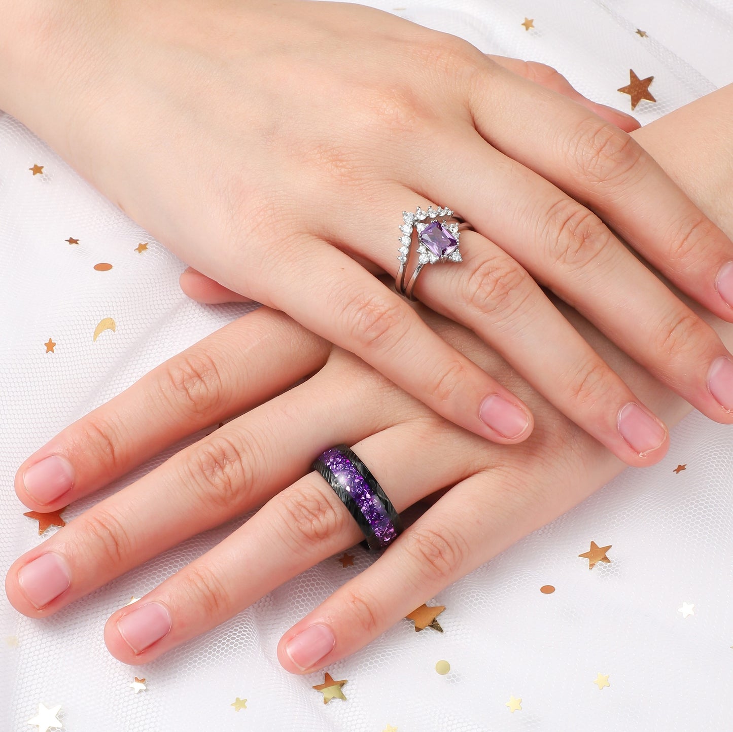 The Amara - Emerald Cut & Crushed Amethyst Couple Ring Set