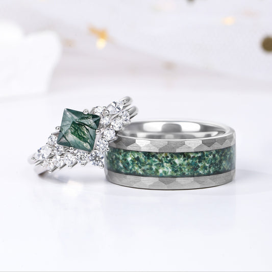 The Virelle - Natural Moss Agate Couple Ring Set