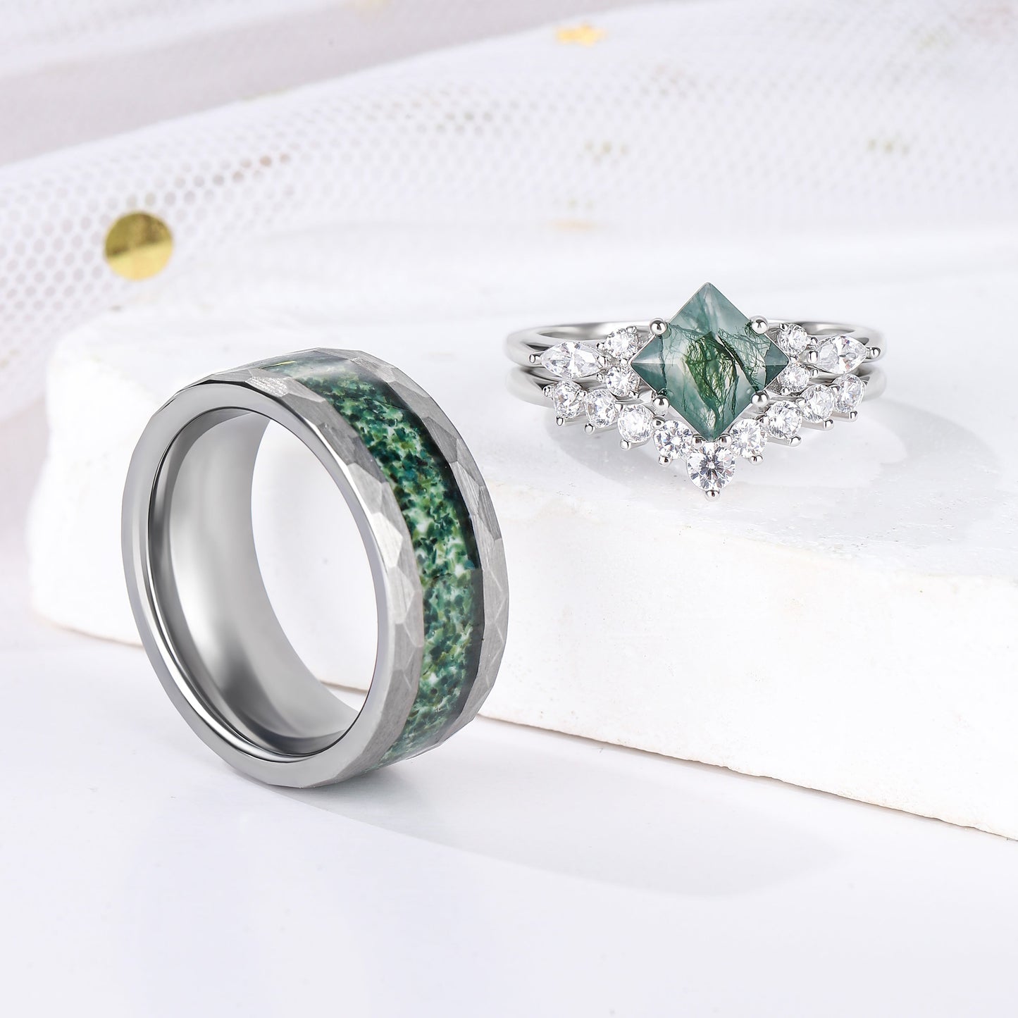 The Virelle - Natural Moss Agate Couple Ring Set