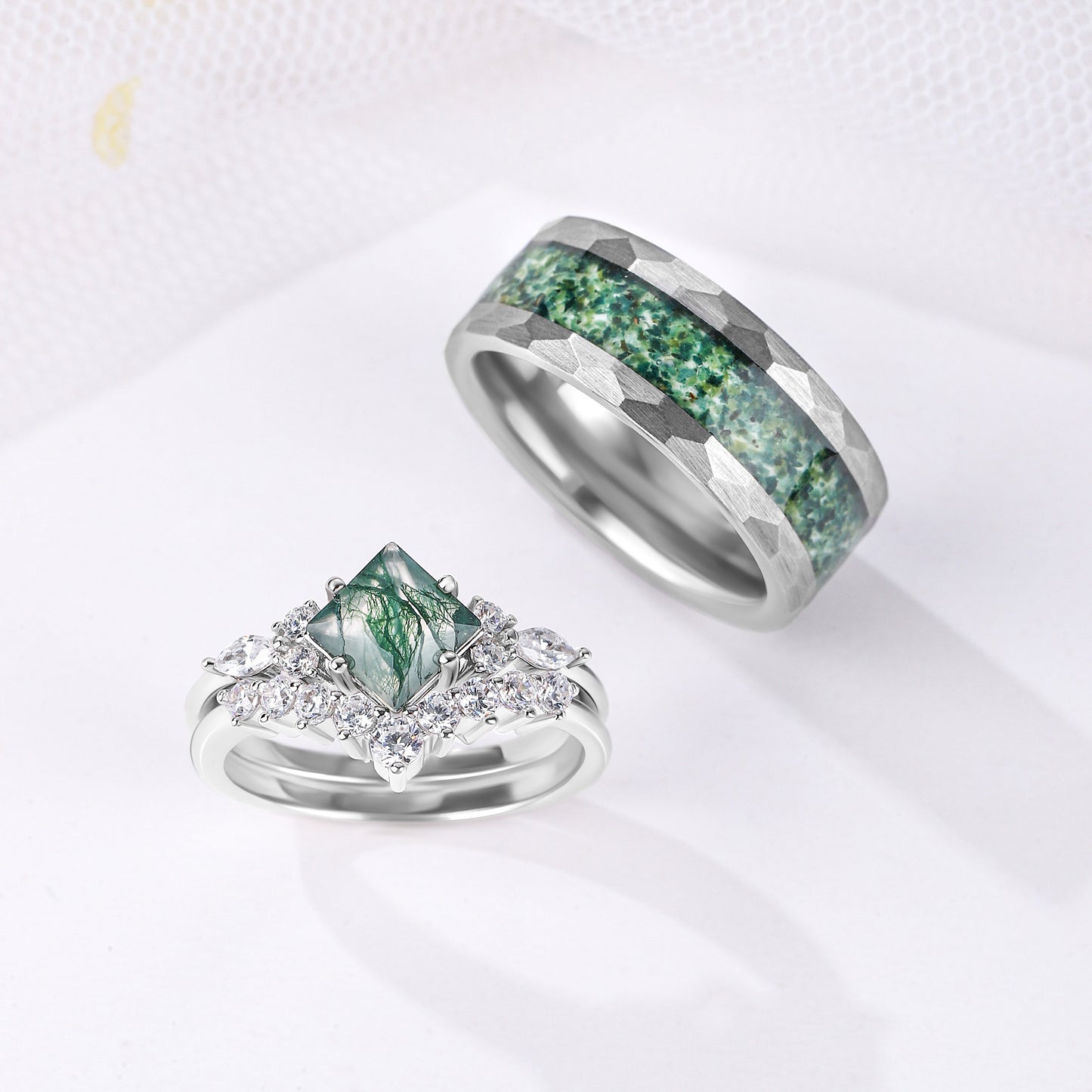 The Virelle - Natural Moss Agate Couple Ring Set