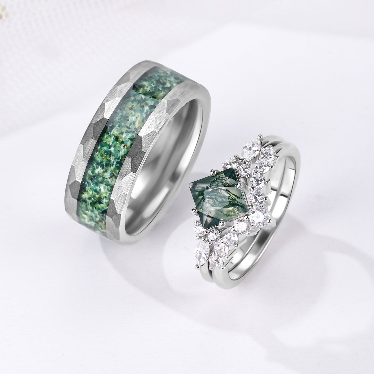 The Virelle - Natural Moss Agate Couple Ring Set