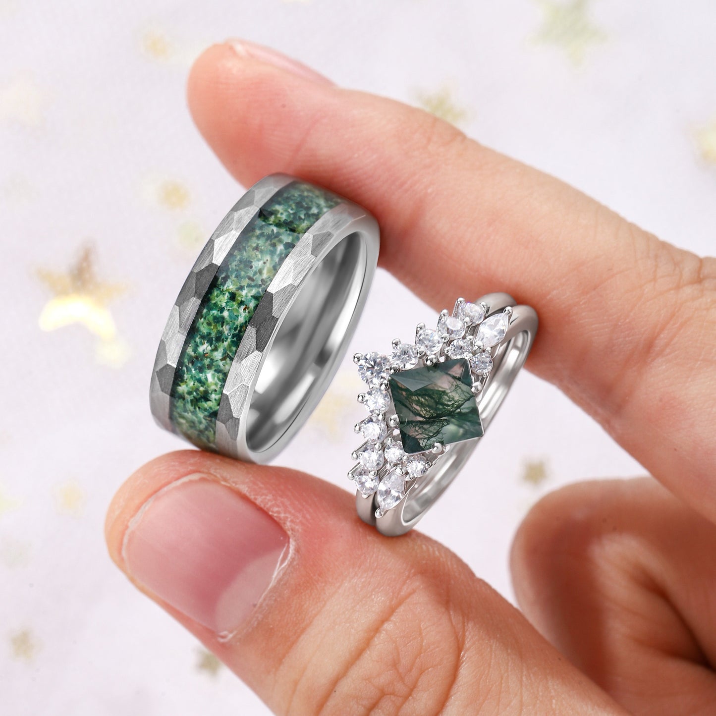 The Virelle - Natural Moss Agate Couple Ring Set