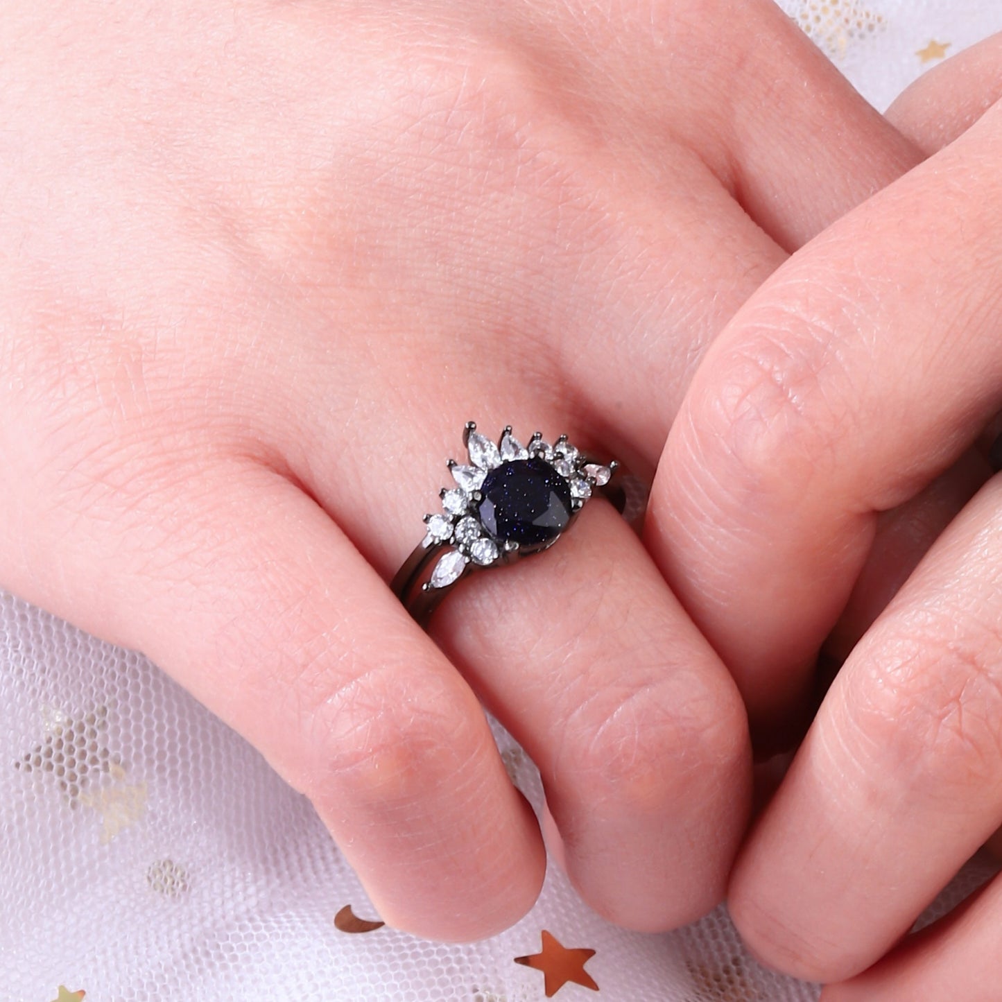 The Twilune - Blue Sandstone Wedding Ring - White Rhodium